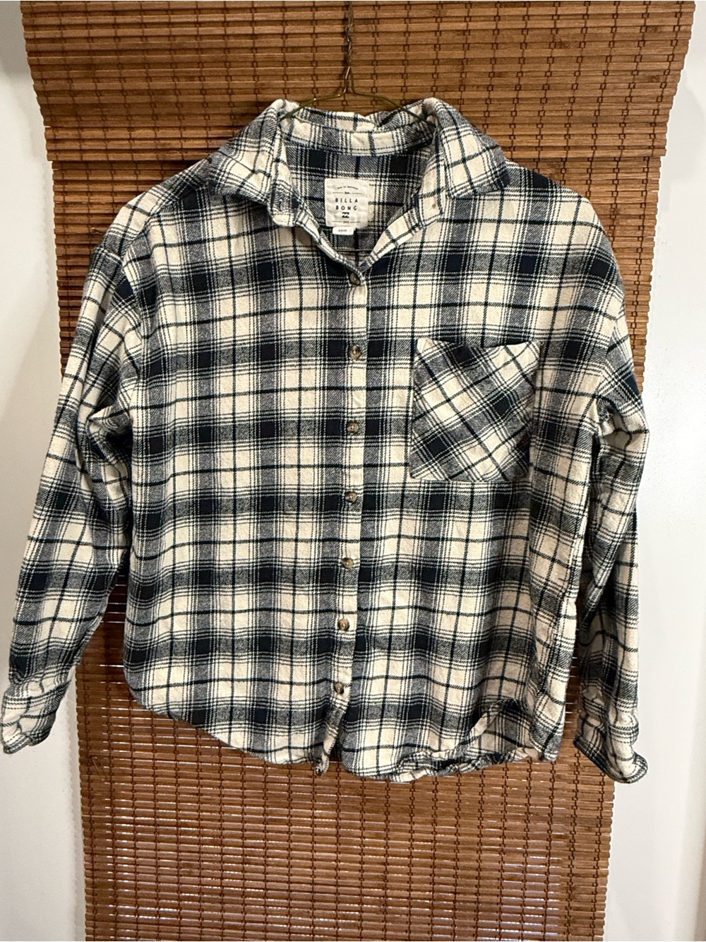 Billabong Navy and Cream Plaid Long Sleeve Button-Down Shirt